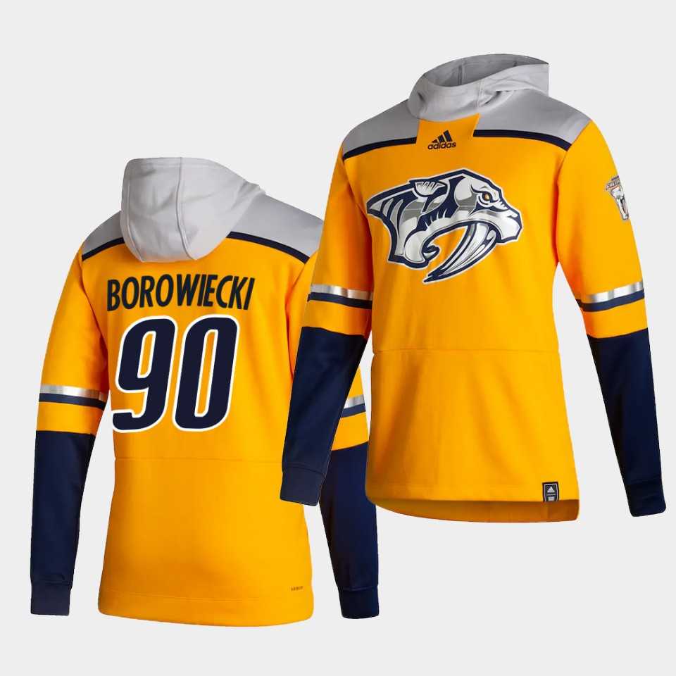 Men Nashville Predators 90 Borowiecki Yellow NHL 2021 Adidas Pullover Hoodie Jersey